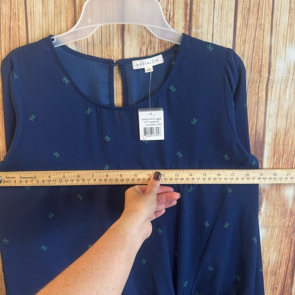 Socialite Women Long Sleeve Cactus Printed Navy Chiffon Knot Front Blouse Small - Picture 8 of 12